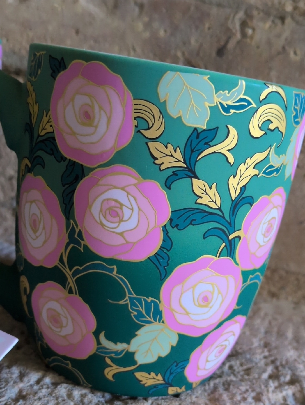 PETAL & PEARL I NWT Set of 2 Soft Touch Pink, Green, & Gold Floral Coffee Mugs - Picture 2 of 12